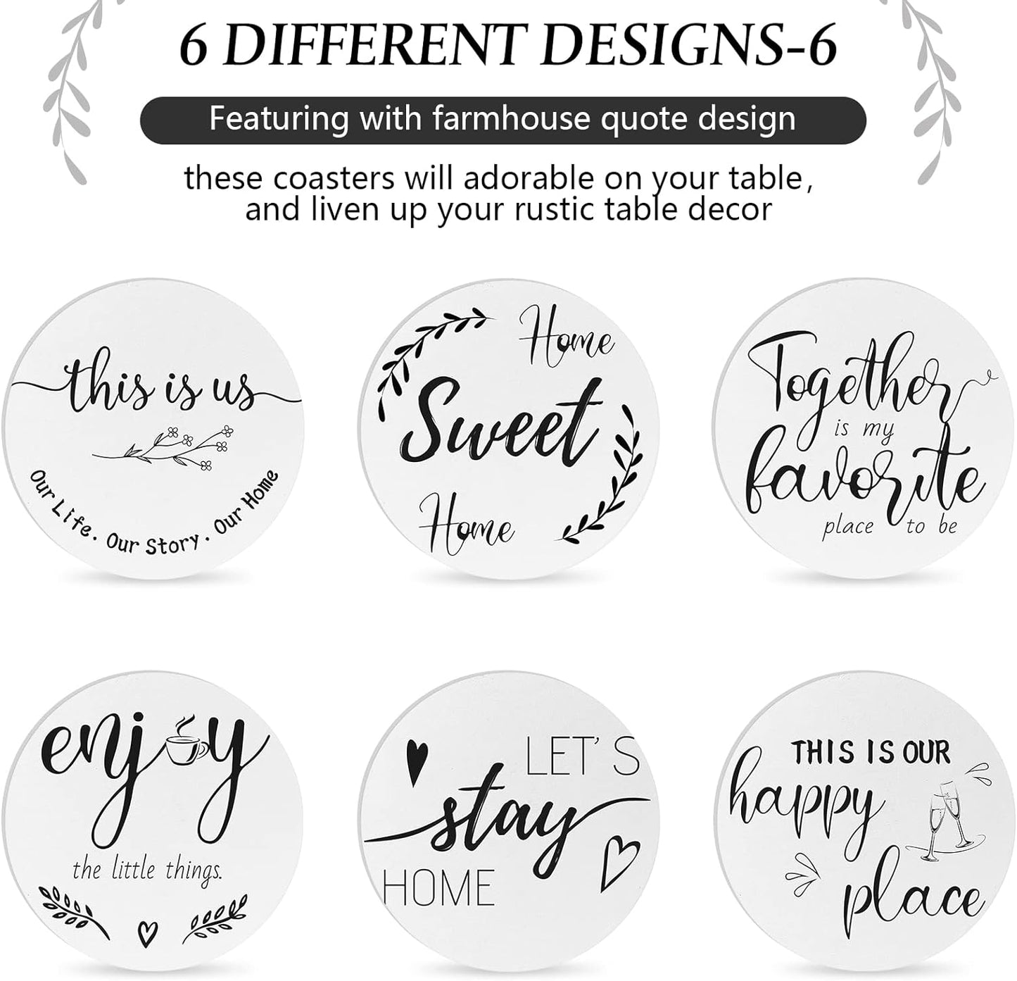 Queekay Housewarming Gifts for Home Decoration Wooden Heart Coasters for Drinks 6 Set Farmhouse Coasters with Holder Funny for Family Coffee Table Protection, 4''(White,Gray)