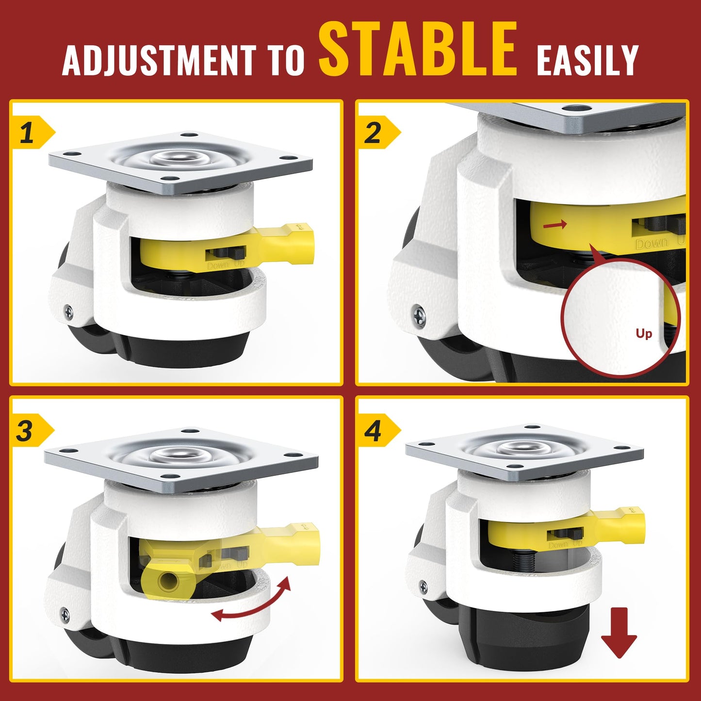 HOLKIE Leveling Casters with Ratchet Handle Design Total Capacity 2200 Lbs Heavy Duty Industrial Casters Set of 4 with Adjustable Leveling Pads (TD60)