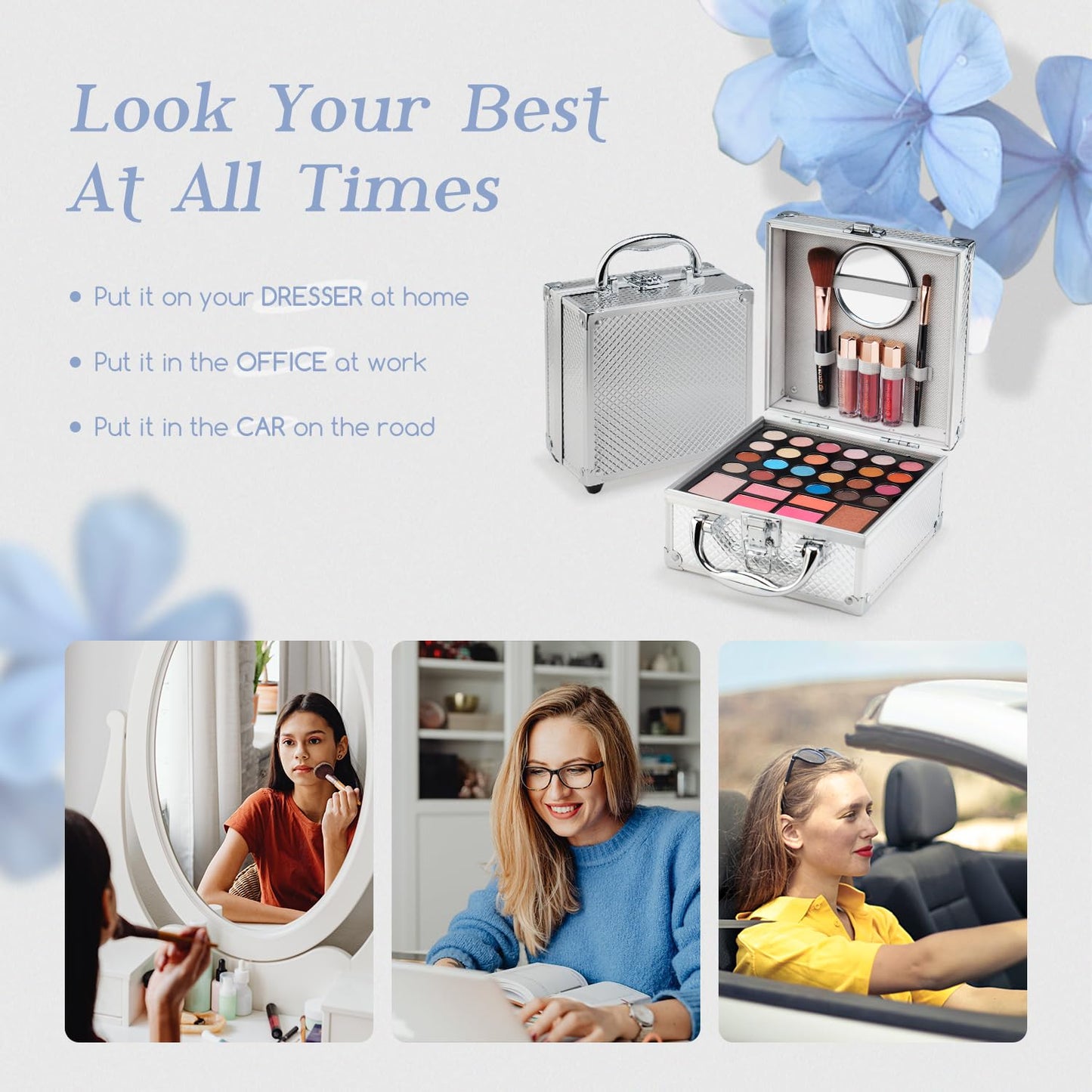 Color Nymph Beginner Makeup Kit For Teens With The Small Cosmetic Train Case Included 24-Colors Eyeshadow Palette Blushes Bronzer Highlighter Lipstick Brushes Mirror(Silver)