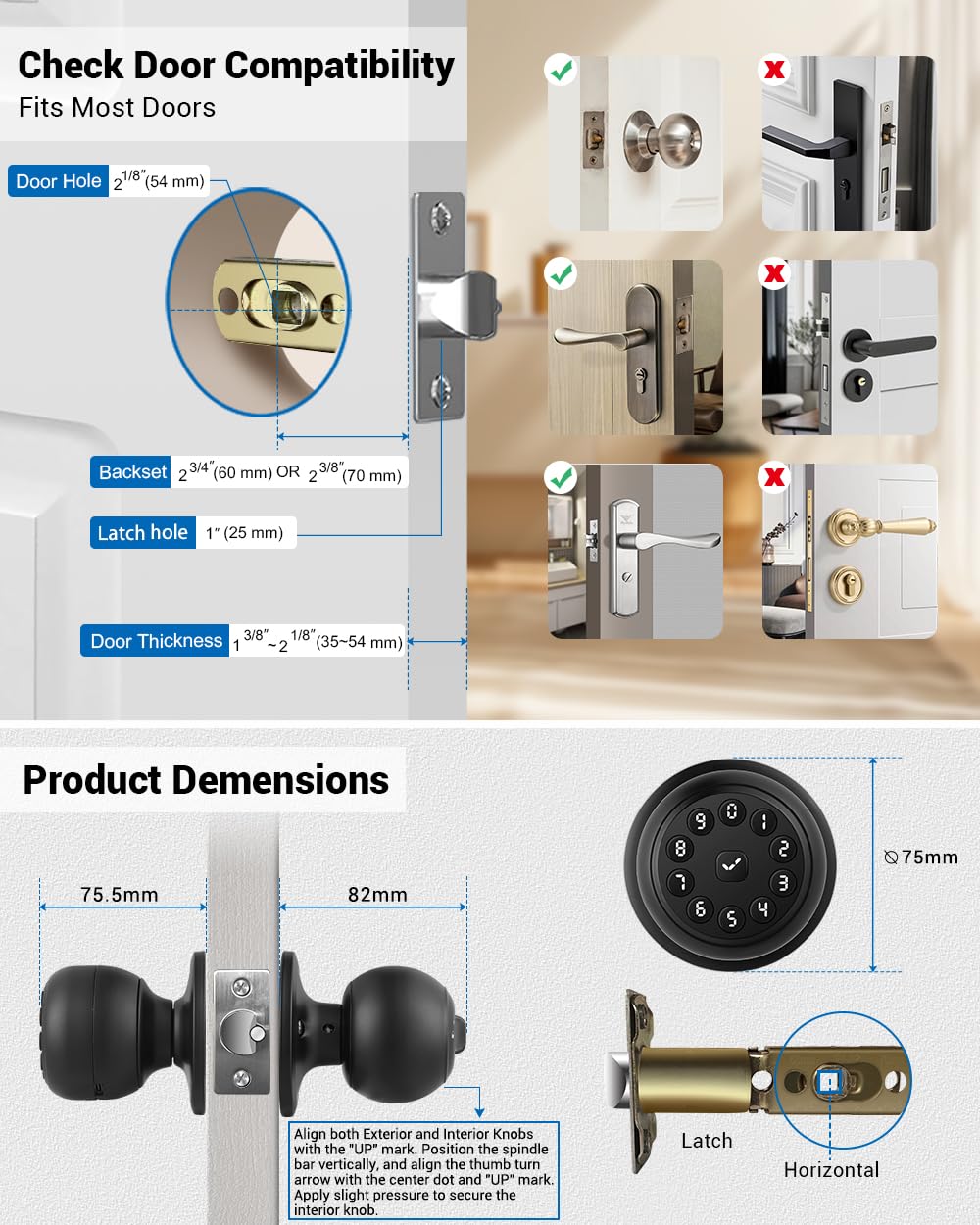 WREO Keypad Smart Door Knob Lock, Keyless Entry Door Lock with Handle - Auto Lock for Front Door - Electrionic Code Door Lock for Bedrooms, Home Office, Garage, Apartment - Easy Installation