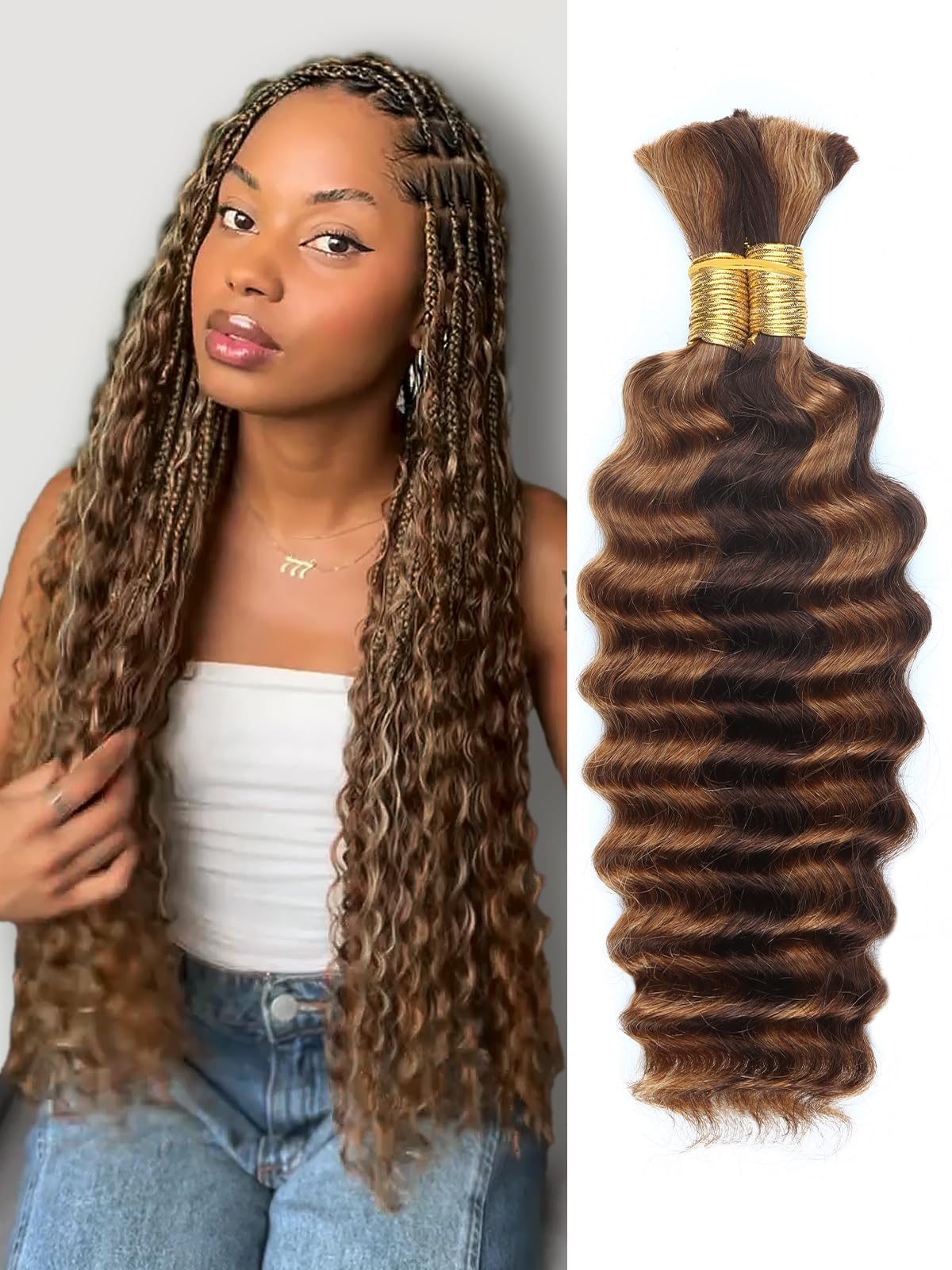 4/30 Bronze Gold Human Braiding Hair Deep Wave Bulk,Highlight No Weft Curly Braiding Hair Extensions for Boho Braids Wet and Wav