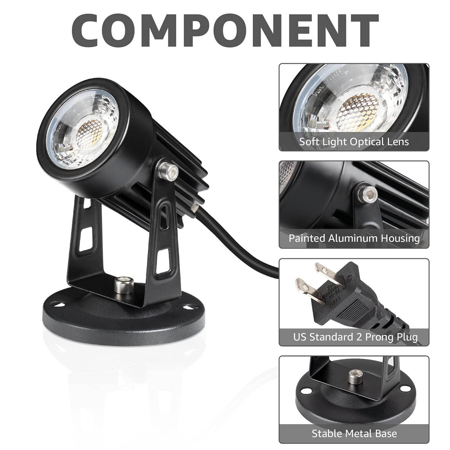 SUNVIE LED Spot Lights for Indoor Plants, 2 Pack, Warm White, Aluminum, Black, 5.9 FT Cord with Floor Foot Switch