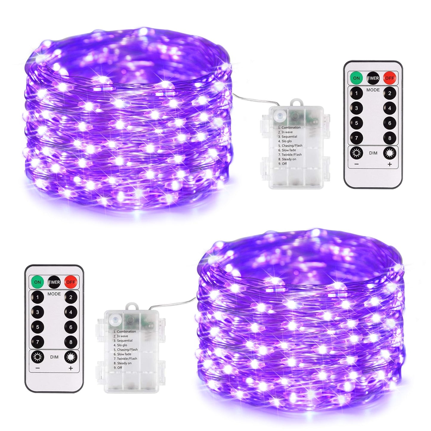 Jmexsuss 2 Pack 100 Led Purple Christmas Fairy Lights, Battery Operated, 66Ft With Remote, 8 Modes For Indoor/Outdoor Decorations