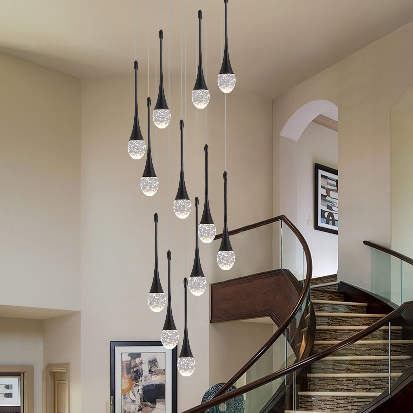 Upfelw Crystal Staircase Chandelier 12 Lights Dimmable LED Black Model UCC-B12-0436