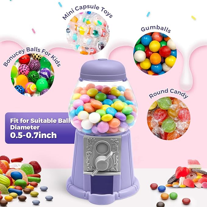 Heleeron Mini Gumball Machine Food Candy Dispenser for Kids,Vintage-Style Bubble Gum Machine (2 units-pink and purple)