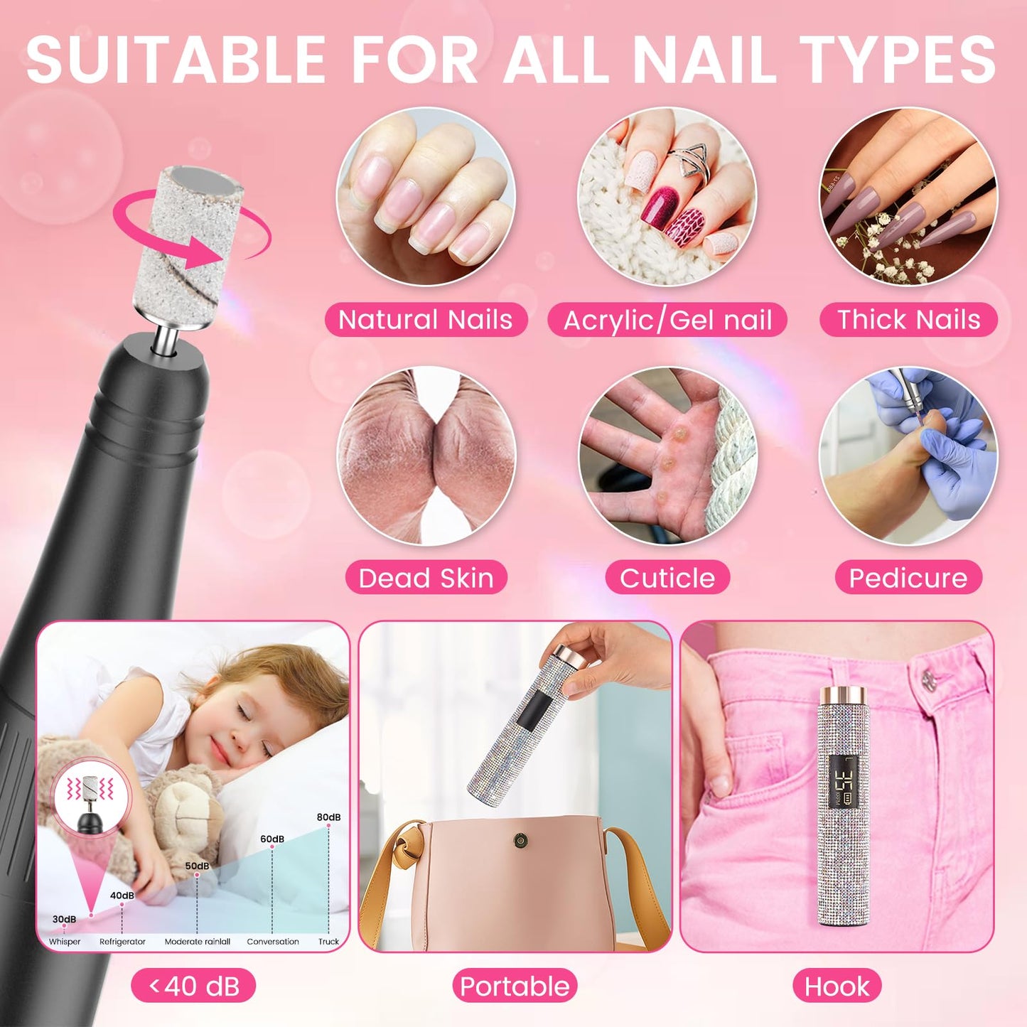 Lavinda Diamond Electric Nail Drill, Professional Rechargeable 35000RPM Electric Nail File Cordless Portable Nail Drill with Cor