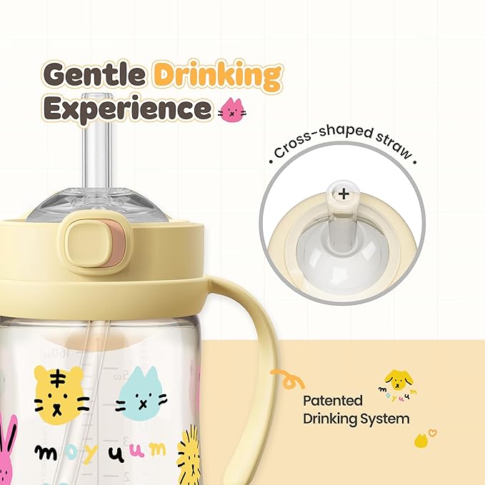 MOYUUM Leak Proof Sippy Cup with Handle | Made in Korea, 100% BPA Free PPSU, Magic No Spill Straw Cup with Attached Flip Top Lid, Easy to Hold for Babies and Toddlers, 9oz Yellow