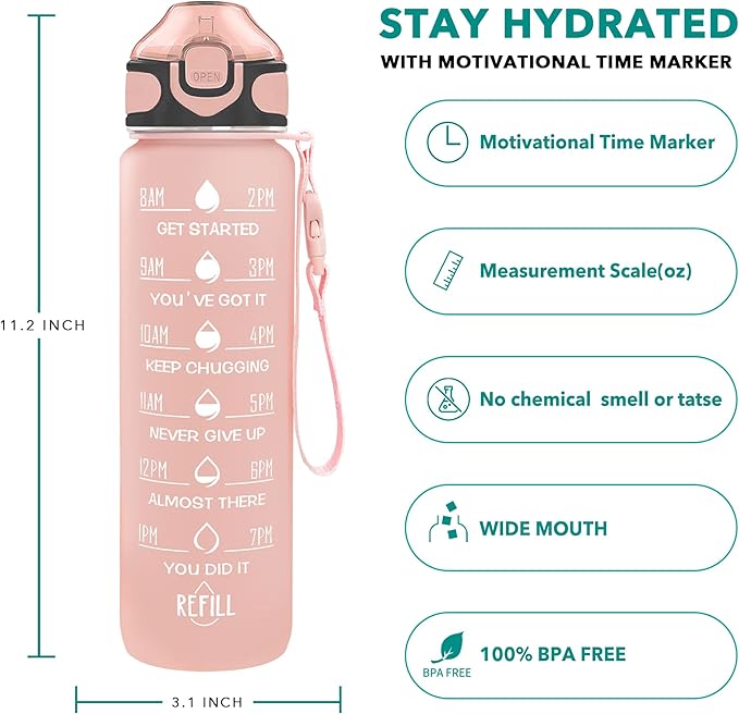 Enerbone 32 oz Drinking Water Bottle with Times to Drink and Straw, Motivational with Carrying Strap, Leakproof BPA & Toxic Free, Ensure You Drink Enough Water for Fitness Gym Outdoor