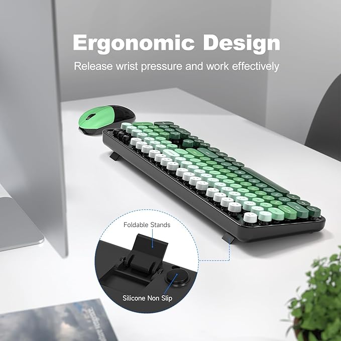 MOFII Wireless Keyboard and Mouse Combo, 2.4GHz Retro Typewriter Keyboard Full Size, Cute Wireless Mice, USB Dongle Plug and Play, for Laptop, PC, Desktop, Windows (Black Green Gradient Color)