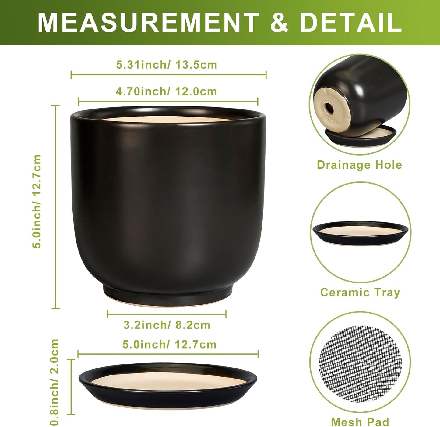 Ceramic Pot for Plants 5 Inch - Modern Round Indoor Planter for Cactus Succulent Plants with Drainage Hole and Saucer, Home Room House Office Decor, Black