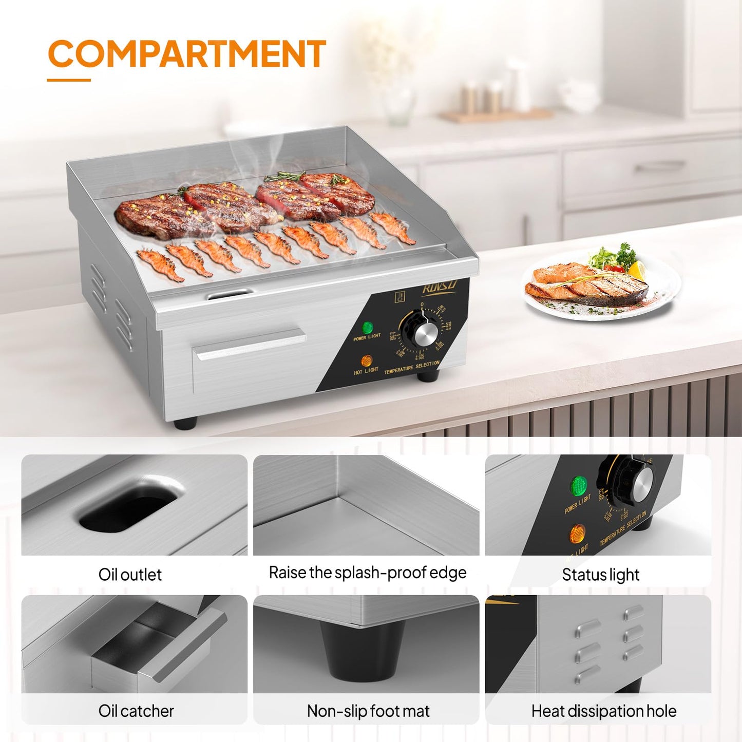 ROVSUN 14" Electric Countertop Flat Top Griddle, 1500W Electric Griddle, Teppanyaki Grill Stainless Steel with Adjustable Temperature Control 122°F-572°F for Home Restaurant Commercial
