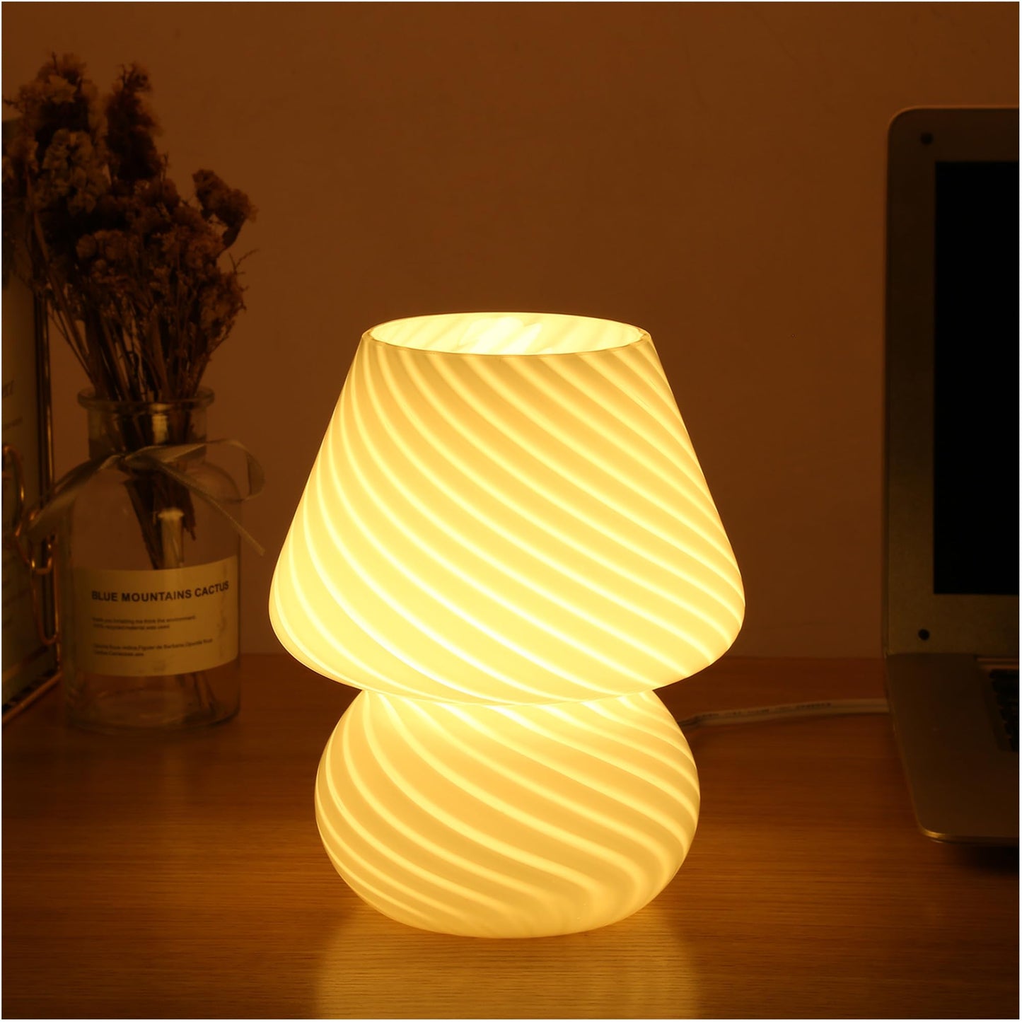 BSOD Mushroom Lamp - Glass Table Bedside Light, Cute Small, Stripe White, Murano Vintage Style, Model Bsod-SW-Mushroom-Lamps