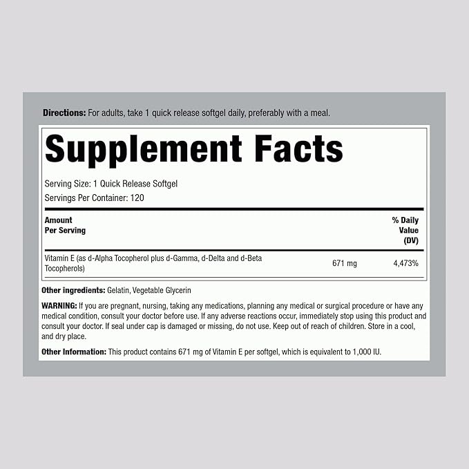 Piping Rock Vitamin E 1000 IU Softgels | 120 Count | with D-Alpha and Mixed Tocopherols | Gluten Free, Non-GMO Supplement