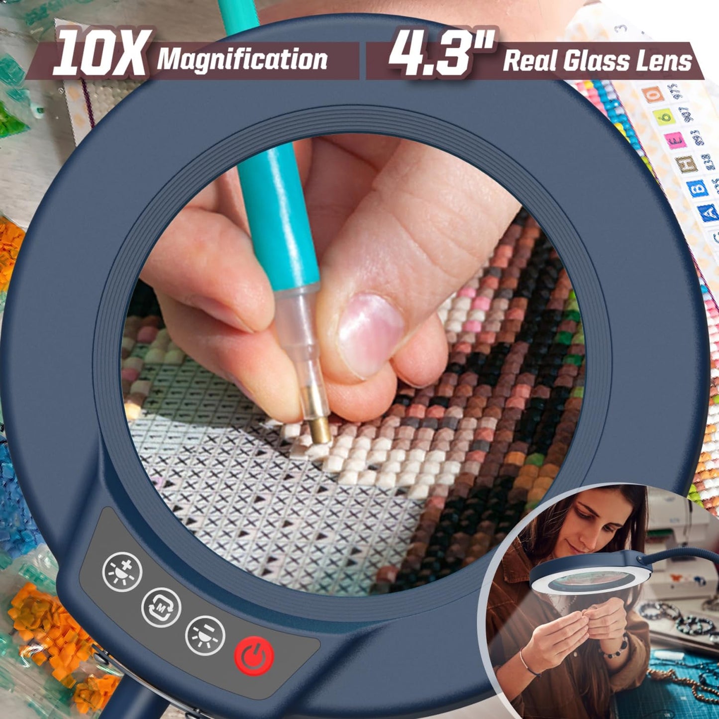 Krstlv 10X Magnifying Glass with Light, Stepless Dimmable LED, Gooseneck Design, Blue, Model EG906