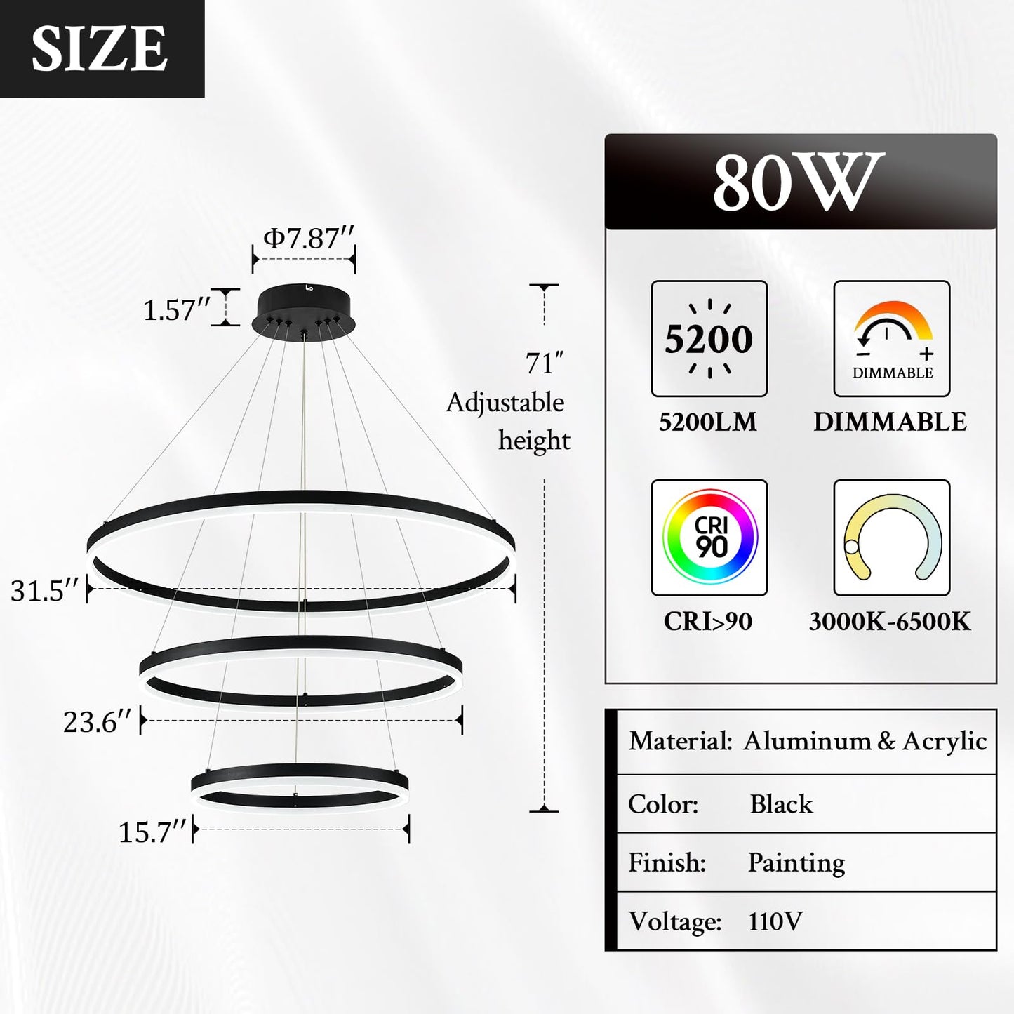 Sparklelf LED Chandelier, Dimmable Pendant Light, 3 Rings 31.5in, Black, Model SE-P60-3BDC1, Remote Control, 3000K-