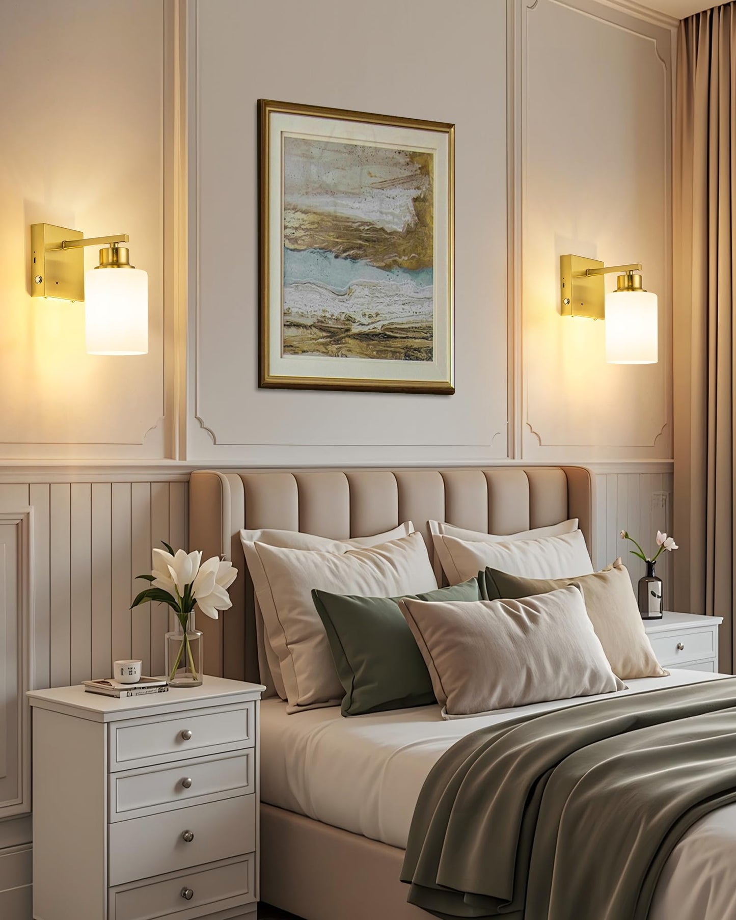 Rayogale Wireless Rechargeable Battery Wall Sconce Set of Two, Dimmable, Remote, 3000K, Gold with White Lampshade, Model WL-7112