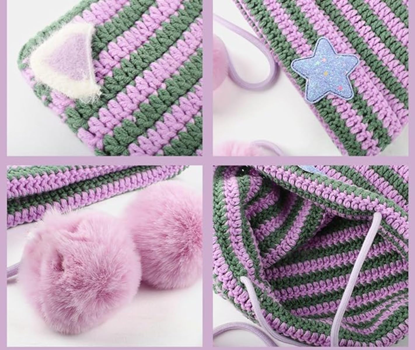Women Kawaii Cat Ear Beanie Hat with Star Pom Poms Y2K Cute Crochet Goth Grunge Emo Alt Accessories Knit Slouchy Hat (Black Grey)