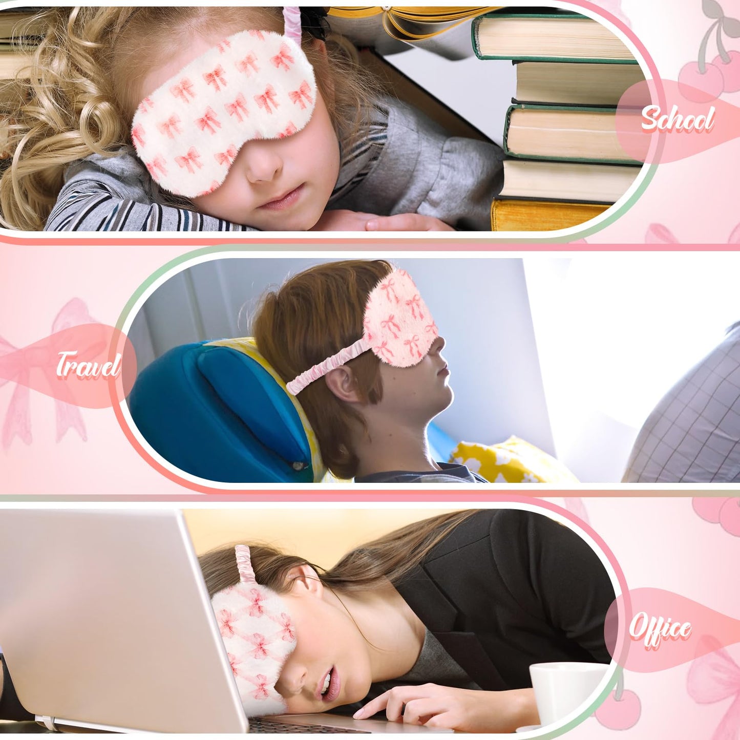 Cuffbow 6 Pcs Plush Sleep Eye Mask Silk Furry Eye Covers for Sleeping Cute Sleep Mask Fluffy Comfortable Sleeping Blindfold for Travel Sleepover Nap Party Supply Women(Bow,Pink)