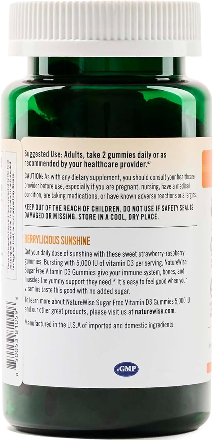 NatureWise Vitamin D3 5000 IU Gummies - Sugar-Free Mixed Berry Flavor - Vitamin D Gummies for Adults, Supports Immunity, Muscle & Bone Strength - Gelatin-Free, Non-GMO- 60 Gummies[1-Month Supply]