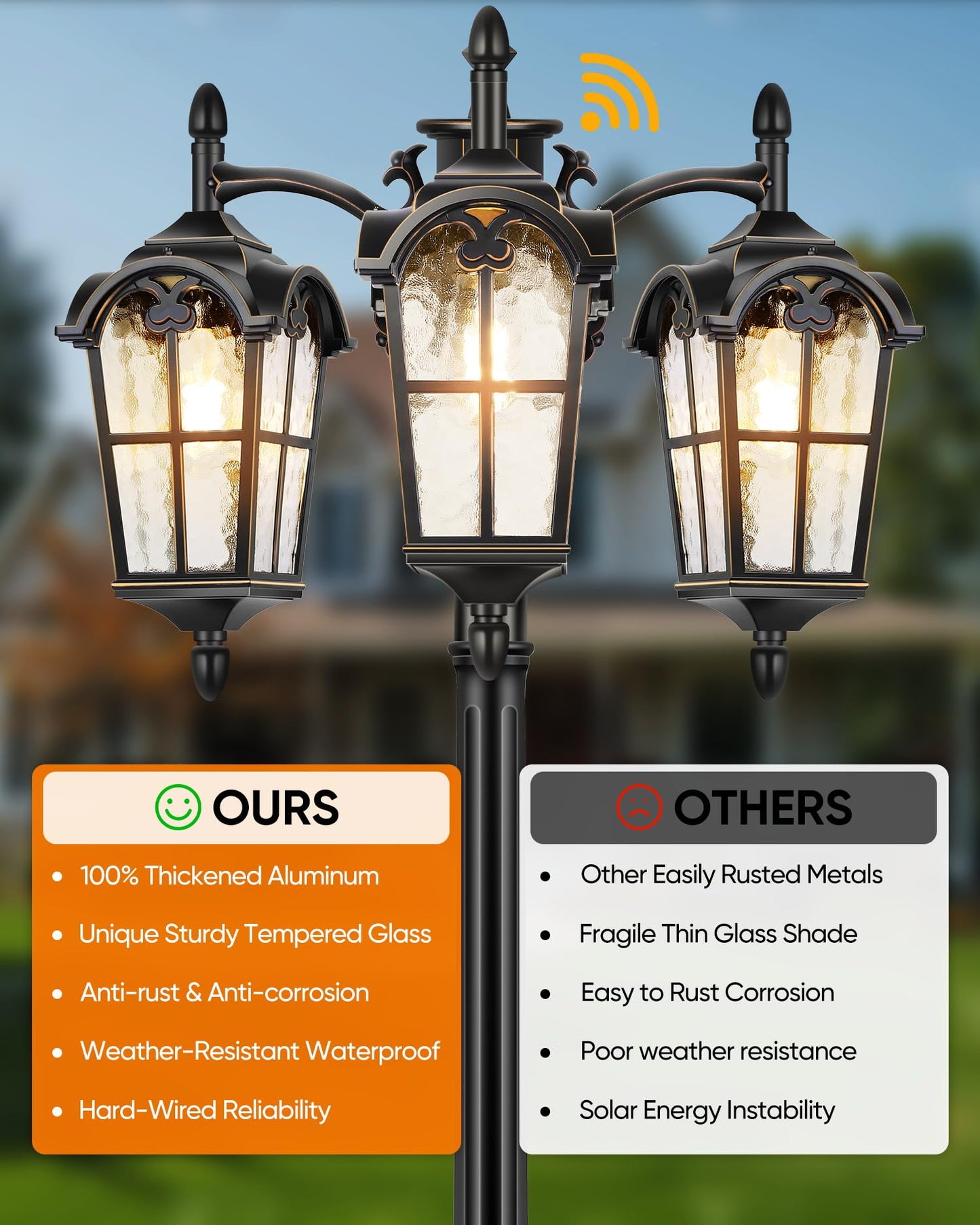 PARTPHONER Vintage Dusk to Dawn Outdoor Lamp Post, Triple Head, Waterproof, Black with Gold Trim, Model PAPO080AB1