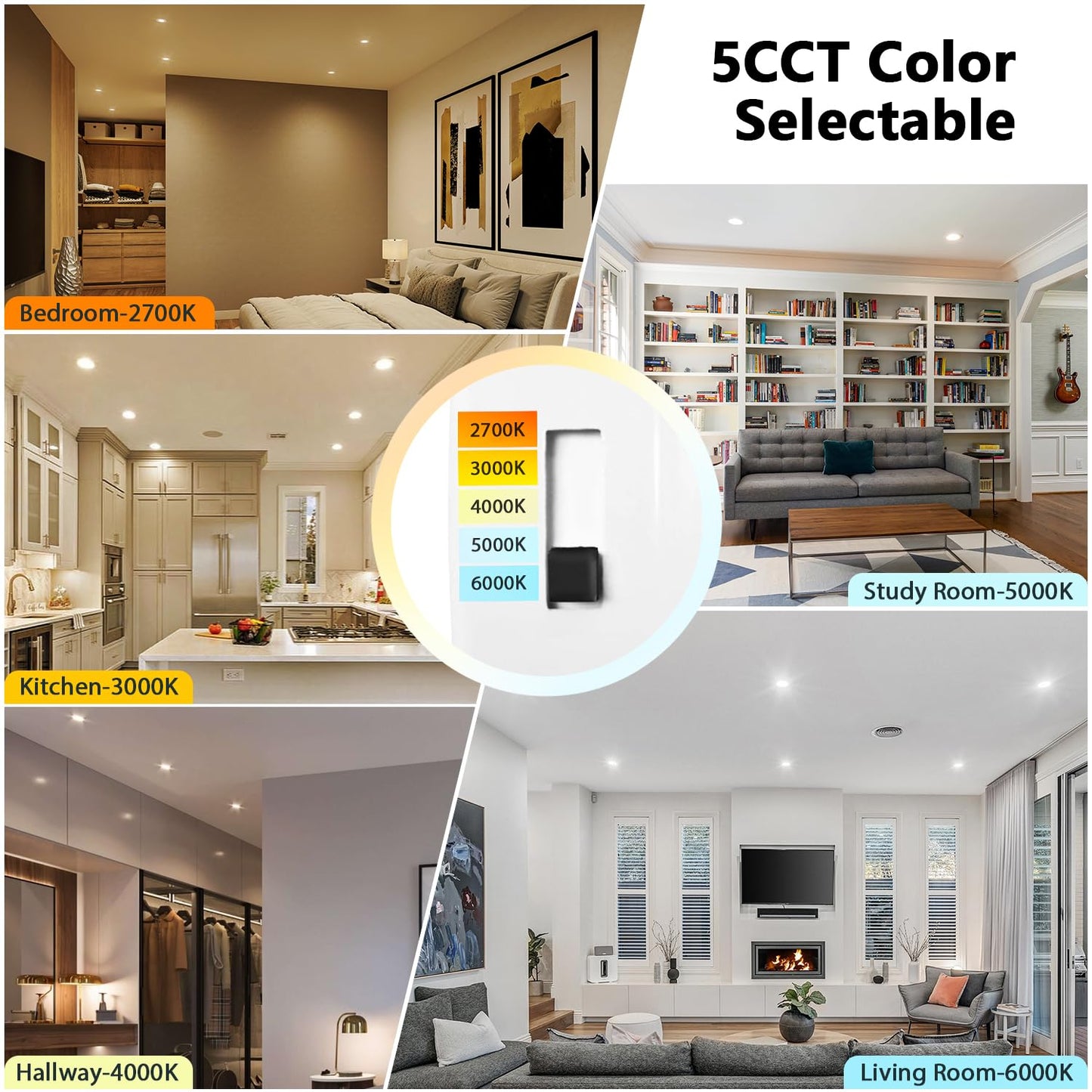 LVWIT LED Recessed Light 6Inch, Can Lighting Color Selectable 2700/3000/4000/5000/6000K 5CCT, 10W(120W Equivalent) Dimmable Downlight with E26 Conversion Kit, Retro Fit Ceiling Light Fixtures, 24 Pack