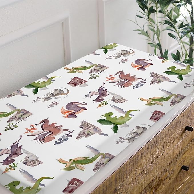 HawSkgFub Watercolor Dragons Fairy Tale Changing Pad Cover for Baby Girls, Animal Mountain Dragon Lover Diaper Change Table Covers, Soft Stretchy Safe Snug Fitted Changing Mat Sheets Fit 32"/34" x 16"