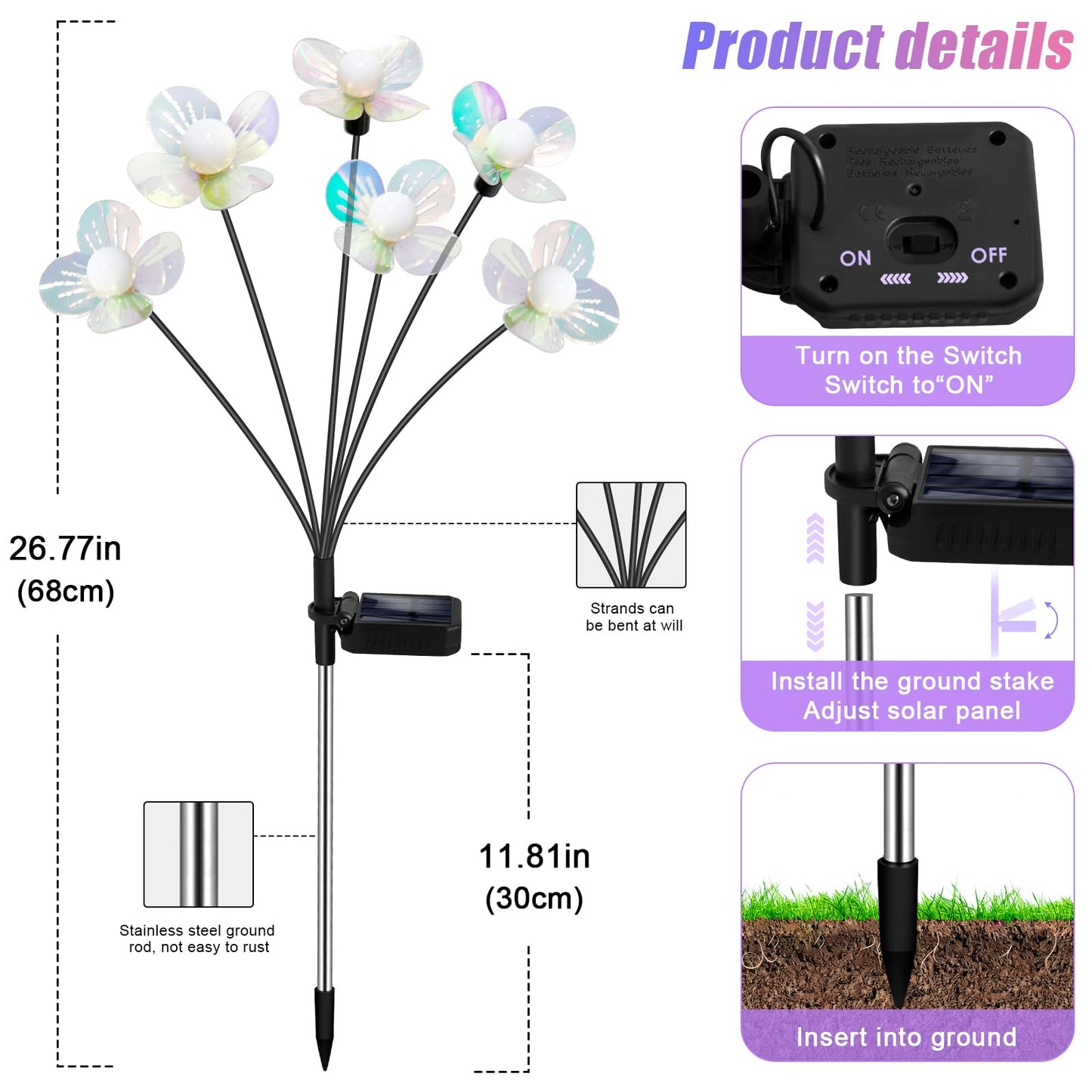 NBQQ Solar Firefly Lights - 4-Pack Waterproof Outdoor Decor, Iridescent Petals, Warm White Glow, Upgraded Flowers Swaying