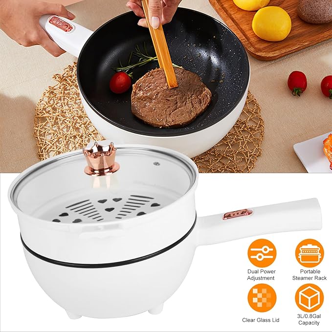 Electric Hot Pot Portable Travel Cooker Non-Stick Frying Pan with Steamer Long Handle Dual Power Control for Travel Dorm Home RV