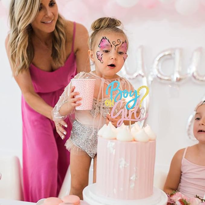 Rsstarxi 1 Pack Glitter Boy or Girl Cake Topper Pink and Blue Gender Reveal Cake Pick Baby Shower Cake Decoration for He or She Baby Gender Reveal Kids Birthday Party Supplies