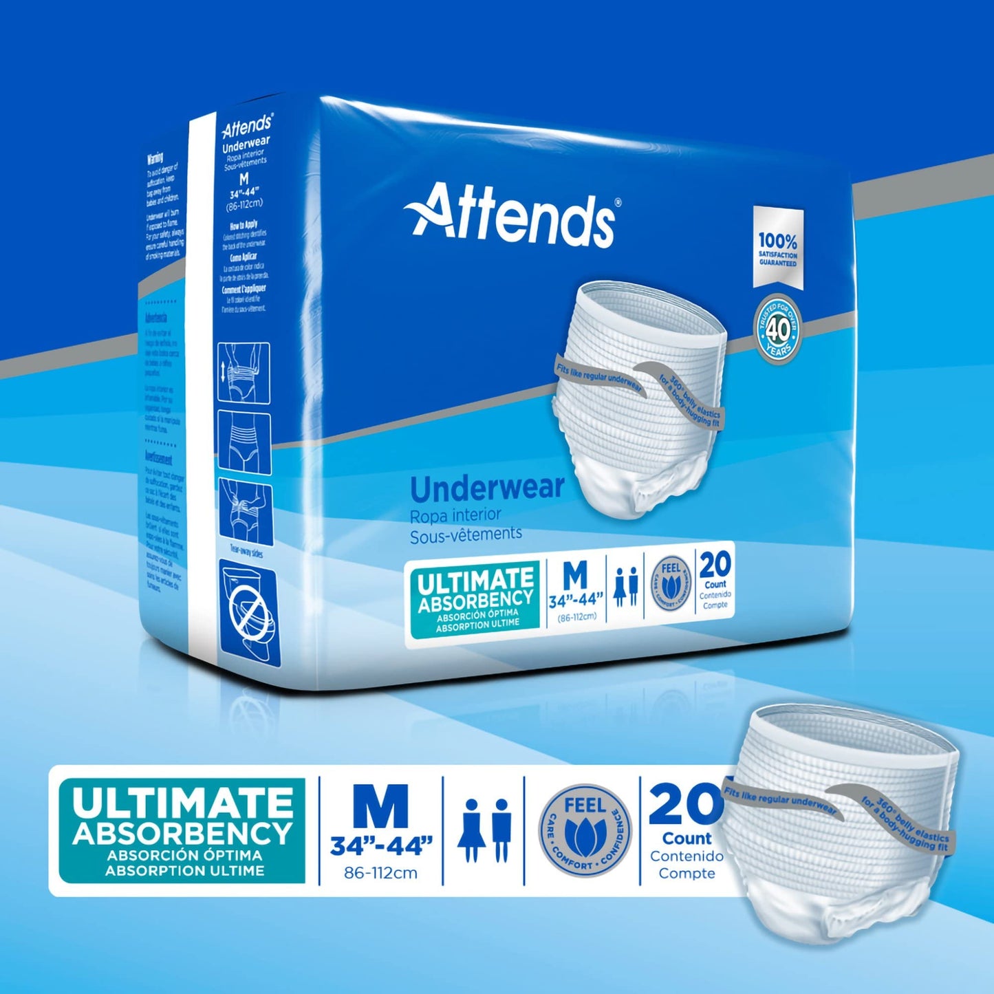 Attends Underwear for Adult Incontinence Care with Quick-dry Channels, Ultimate Absorbency, Unisex, Medium, 20 Count (x4)