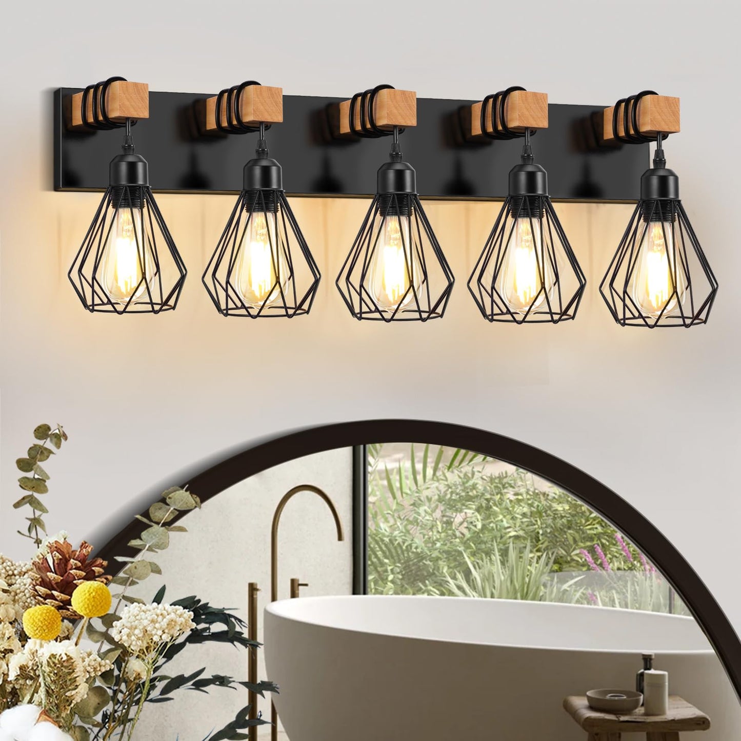Farmhouse Bathroom Vanity Light Fixtures, 5-Light Wood Bathroom Lighting Fixtures Over Mirror, Black Rustic Industrial Sconces W