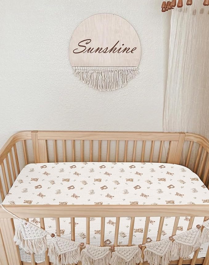Mini Crib Sheets for Baby Boy Girl 2 Pack, Neutral Mini Crib Mattress Sheet 24" x 38", Muslin Nursery Bedding Soft and Breathable Comfort (Teddy & Friends)