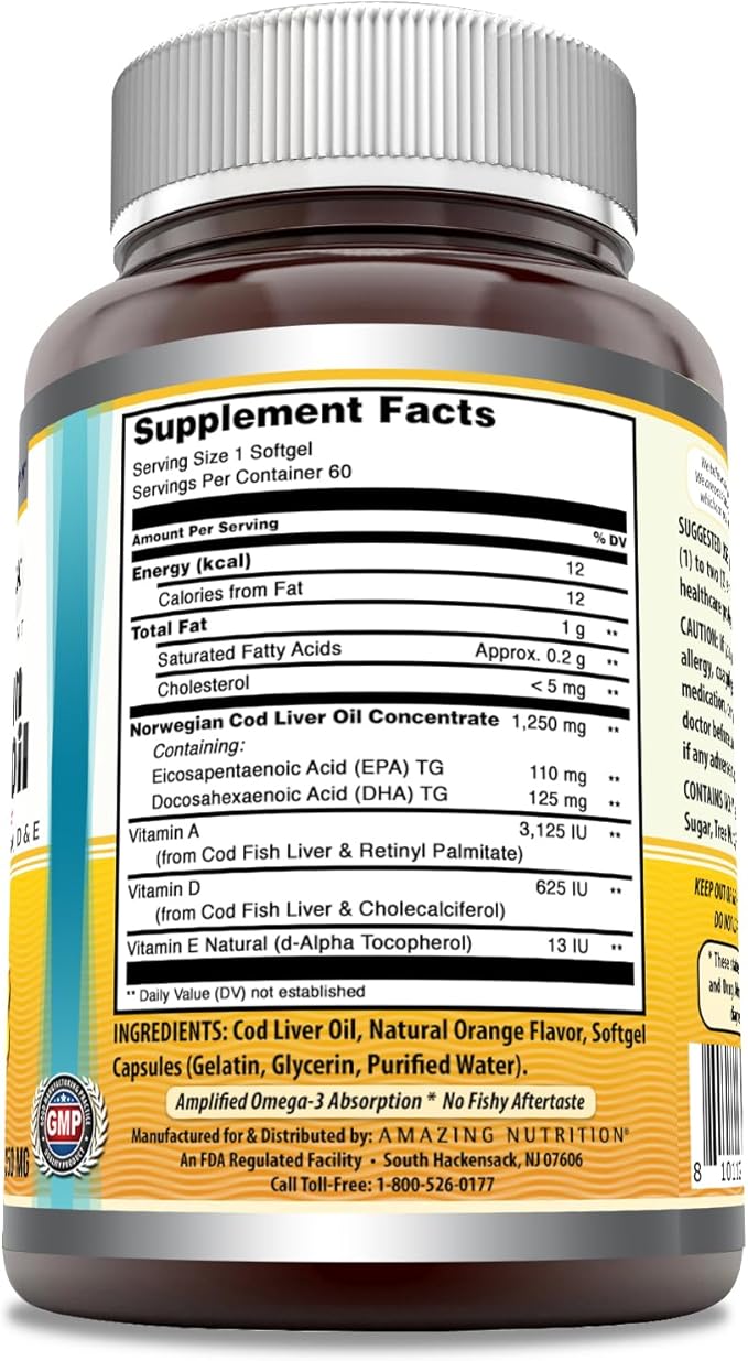 Amazing Omega Norwegian Cod Liver Oil 1250 Mg Softgels Supplement | Omega-3, EPA, DHA, Vitamin A, Vitamin D & Vitamin E (Orange | 60 Count)