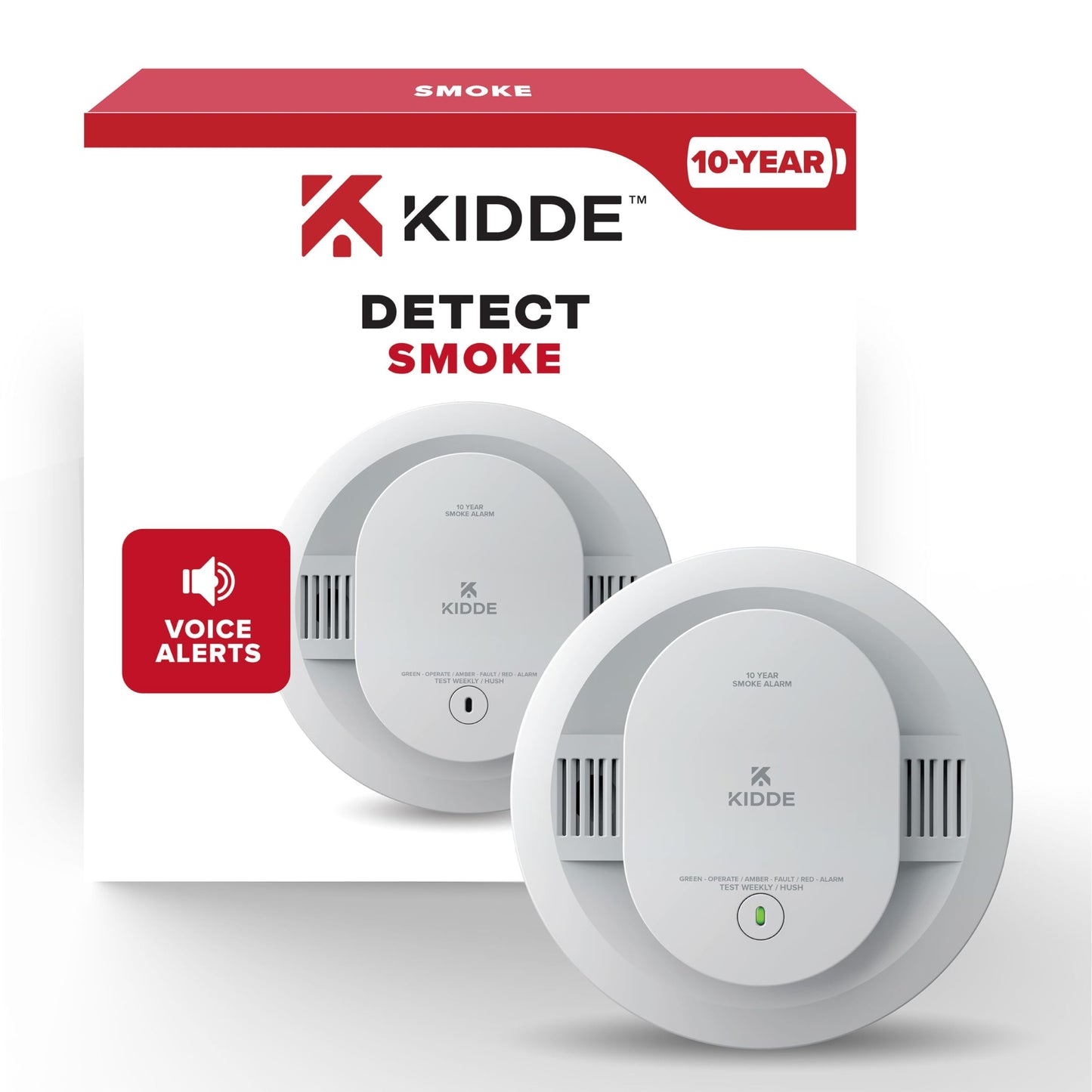 Kidde Smoke Detector, 10-Year Battery Powered, Voice Alerts, LED Warning Light Indicators, 20SD10-V