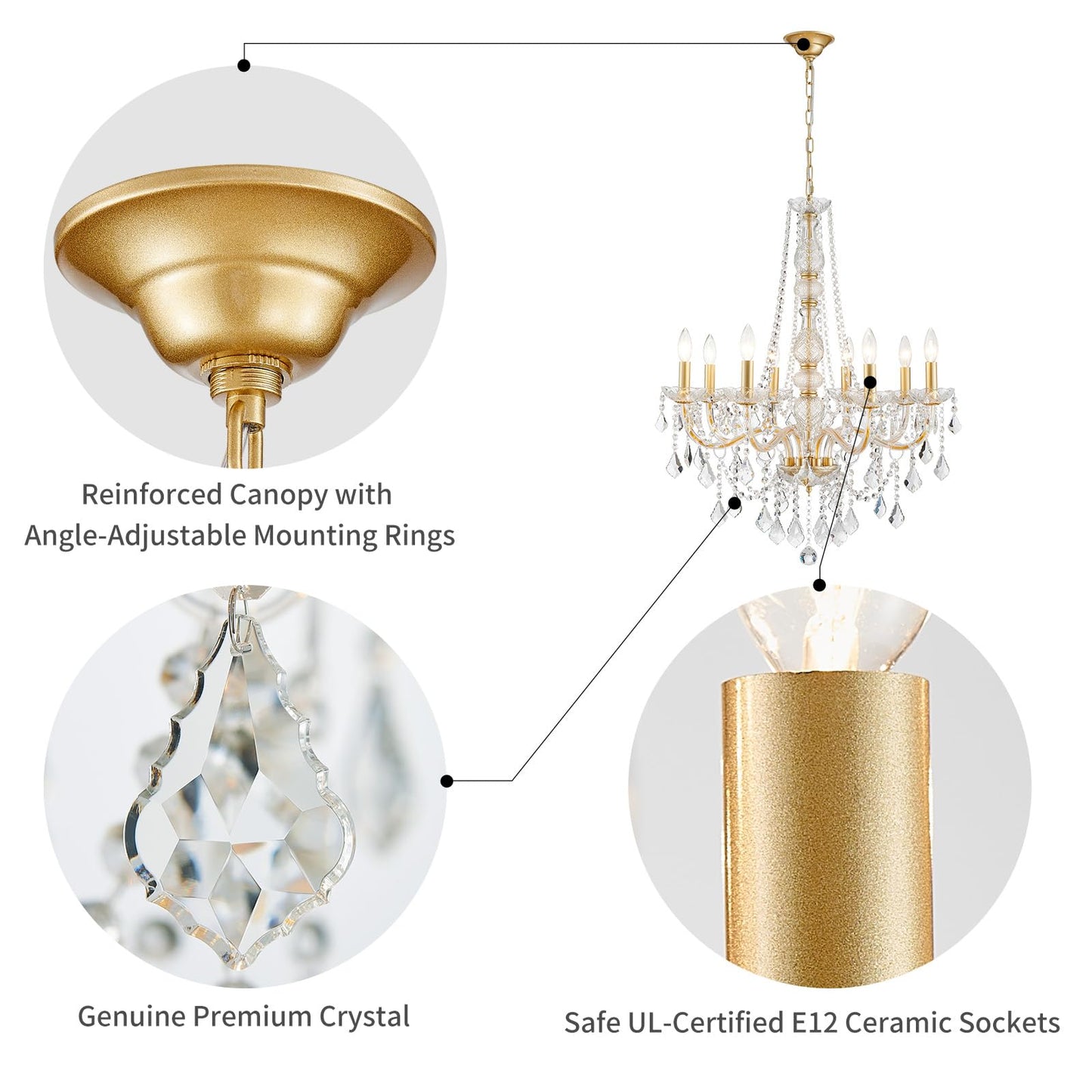 Wuzups 8-Light Crystal Candle Chandelier Pendant Ceiling Light Modern Lighting Fixture For Bedroom Hallway Bar Kitchen Bathroom  H 35.4 W 27.6  E12 Base  Gold