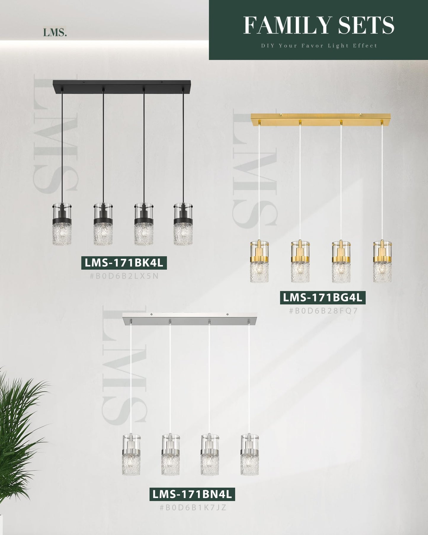 Lms 4-Lightisland Lighting  Brushed Nickel Kitchen Island Light Fixture  Farmhouse Linear Chandeliers For Dining Room Over Table Pendant Light With Hammered Glass For Living Room  Lms-171Bn4L