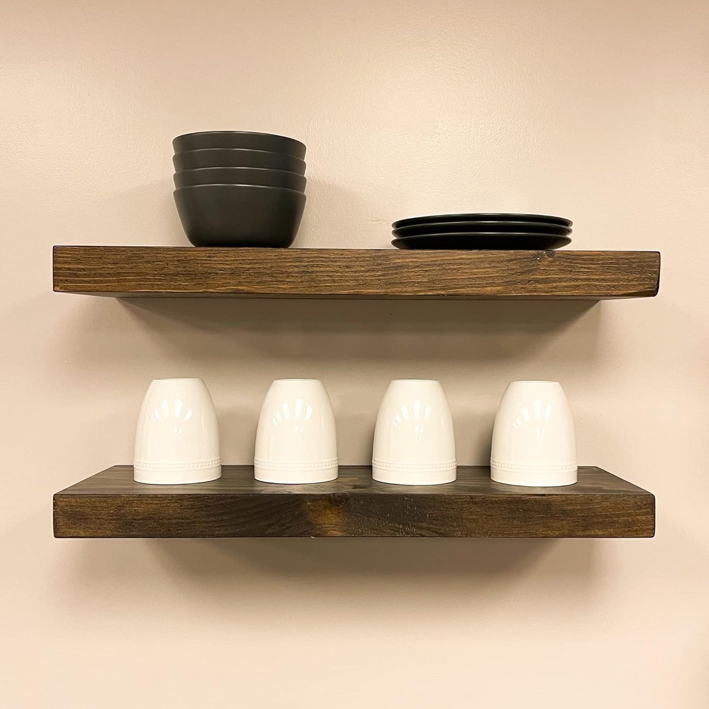 URBANDI, Rustic Floating Shelves, Set of 2, Hidden Bracket, Solid Wood, Heavy Duty, Wall Mounted Shelves, (Dark Brown, 12Wx10D)