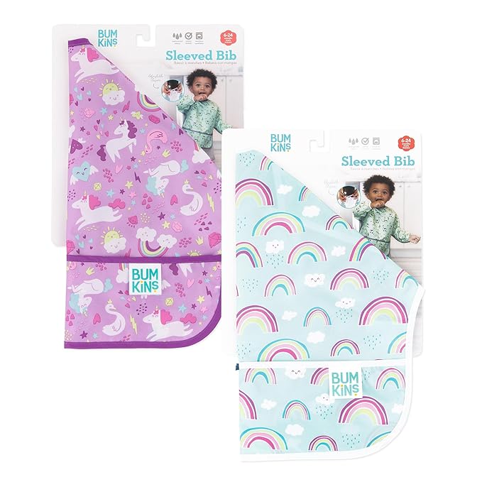 Bumkins Sleeved Bib, Waterproof Fabric, Unicorns & Rainbows, 2-pack