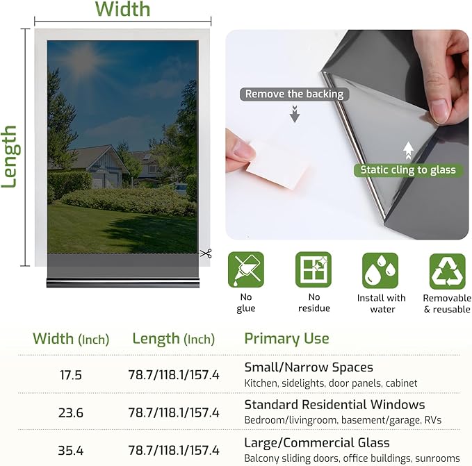 LUTE One Way Window Privacy Film, Window Tint for Home, Sun Blocking UV Heat Blocker, See Out Not in Reflective Mirror Film, Removable Static Cling Glass Door Cover, Black Silver, 17.5" x 78.7"