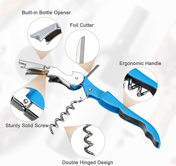 uxcell 2 Pcs 4.8" Stainless Steel Wine Opener, Waiter Corkscrew Professional Wine Key Bottle Opener with Double Hinged Foil Cutter for Bar Servers Waiter Bartender and Home, Blue