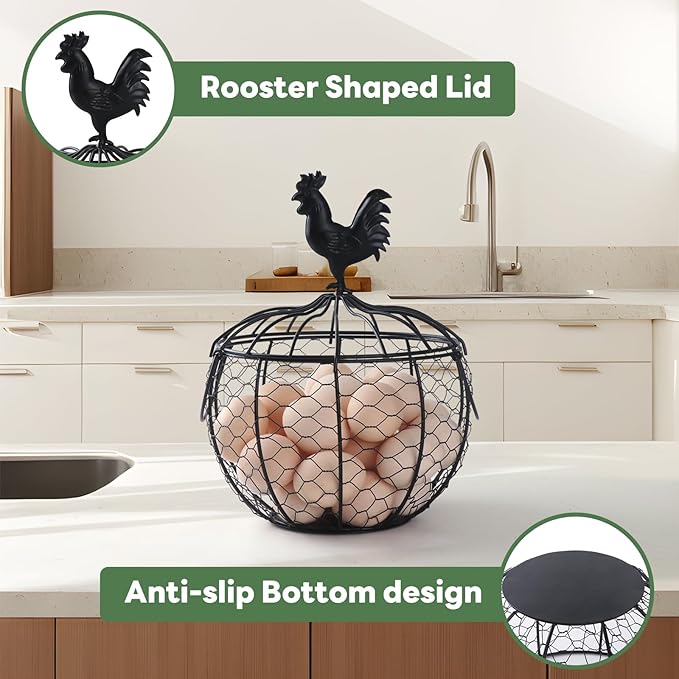 Farmhouse Rooster Egg Basket for Fresh Eggs, Black Metal Wire Egg Holder, Holds 25-35 Eggs, Rustic Kitchen Countertop Decor with Removable Lid & Handles - Bonus Set of 4 Silicone Egg Poachers
