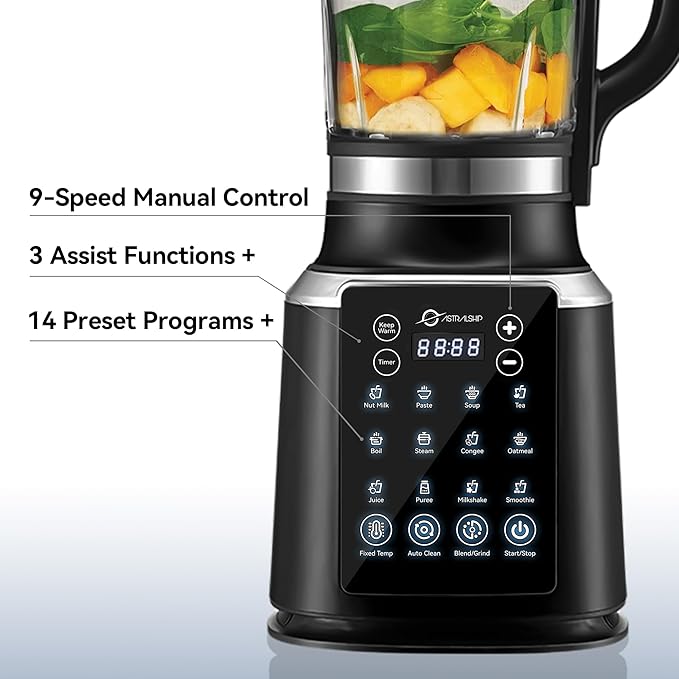 Glass Blenders for Kitchen with Tamper, Blender for Smoothies, Professional Blenders 1500W Motor, 9 Adjustable Speeds, 14 Preset Programs, High-Speed Heating Blender for Nut Milk, Soups, Sauces & More