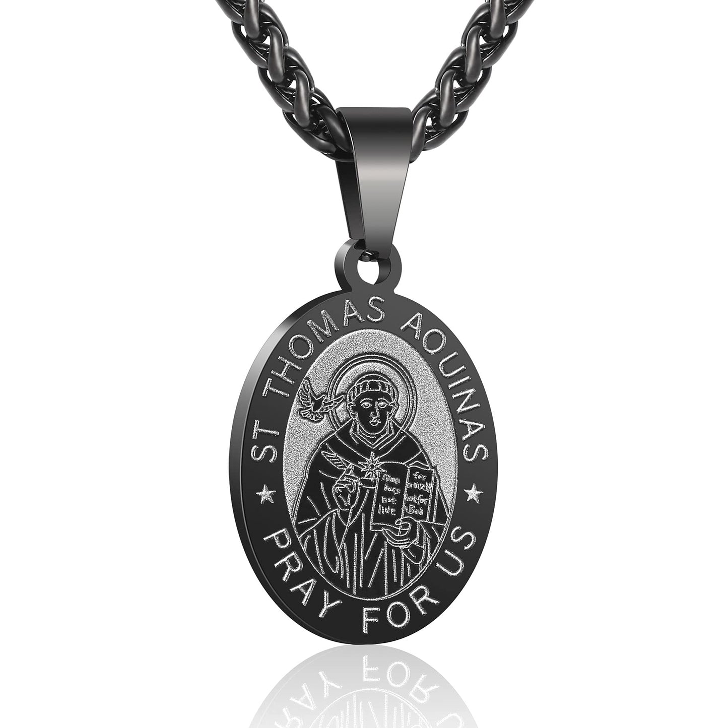P. BLAKE Black St. Saint Thomas Medal Necklace Men, Stainless Steel Catholic Saint Thomas Aquinas Pendant Chain
