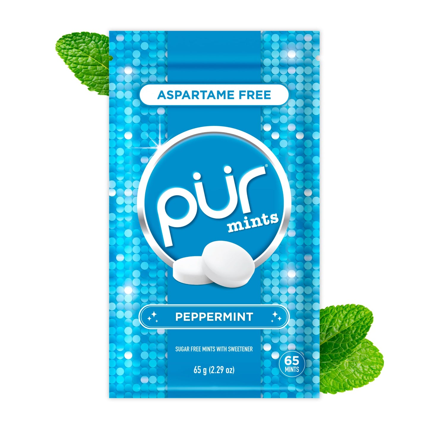 PUR Mints | Aspartame Free Breath Mints | Made with Xylitol | Sugar Free  Vegan  Gluten Free | Natural Peppermint Flavor | 65 Pieces in Re-Sealable pouch (Pack of 1)