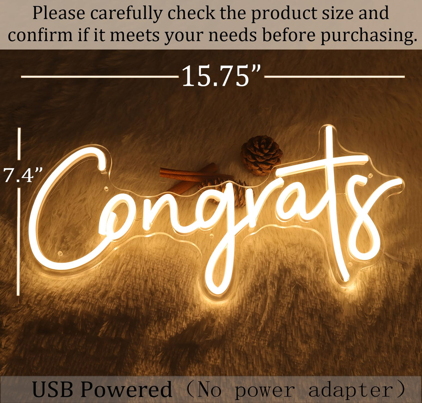 Sylhome Led Neon Light Sign - Congrats For Wedding/Birthday/Graduation - Warm White - 15.8 X 7.4 - Indoor Decor - Model Ns-Rc5Vd
