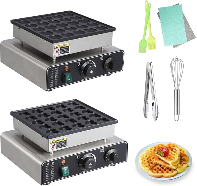 25 Hole and 25 Heart Waffle Maker, Commercial Electric Nonstick Mini Muffin Maker with 50-300℃ Separate Control, 1.8" Diameter Mini Dutch Pancake Maker for Snacks, Desserts
