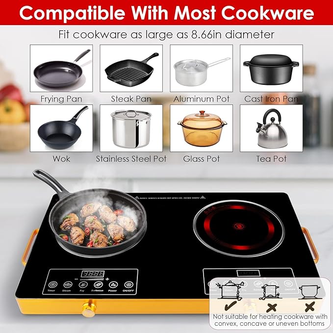 Double Burner Infrared Electric Cooktop, 3500W Ceramic Hot Plates for Countertop, 11 Power Levels 0-4H Timer, LED Display, Portable Handle, Portable Stove for Home RV Camping(Wood)