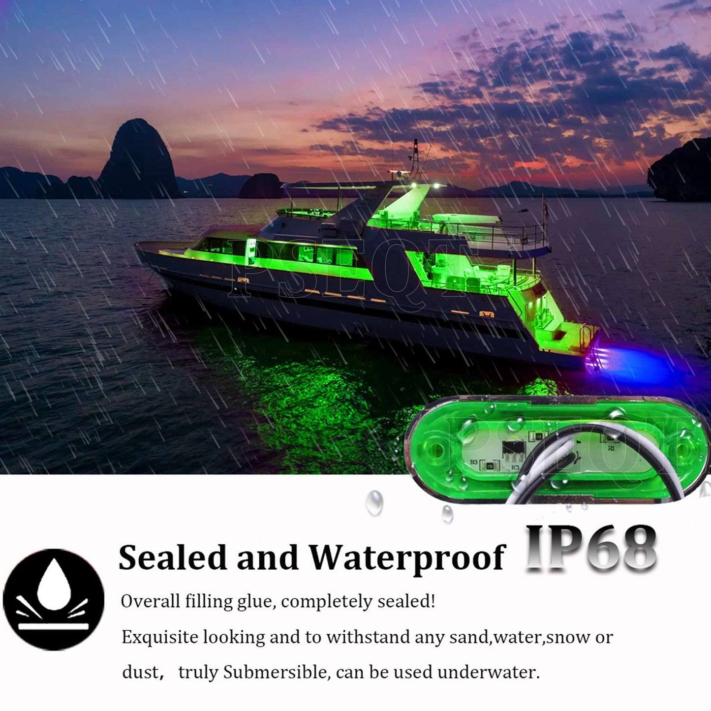PSEQT Marine LED Lights - Waterproof Interior Deck Light, 3.8in x1.29in x0.78in , Green, 12V/24V, Polycarbonate Lens, Chrome
