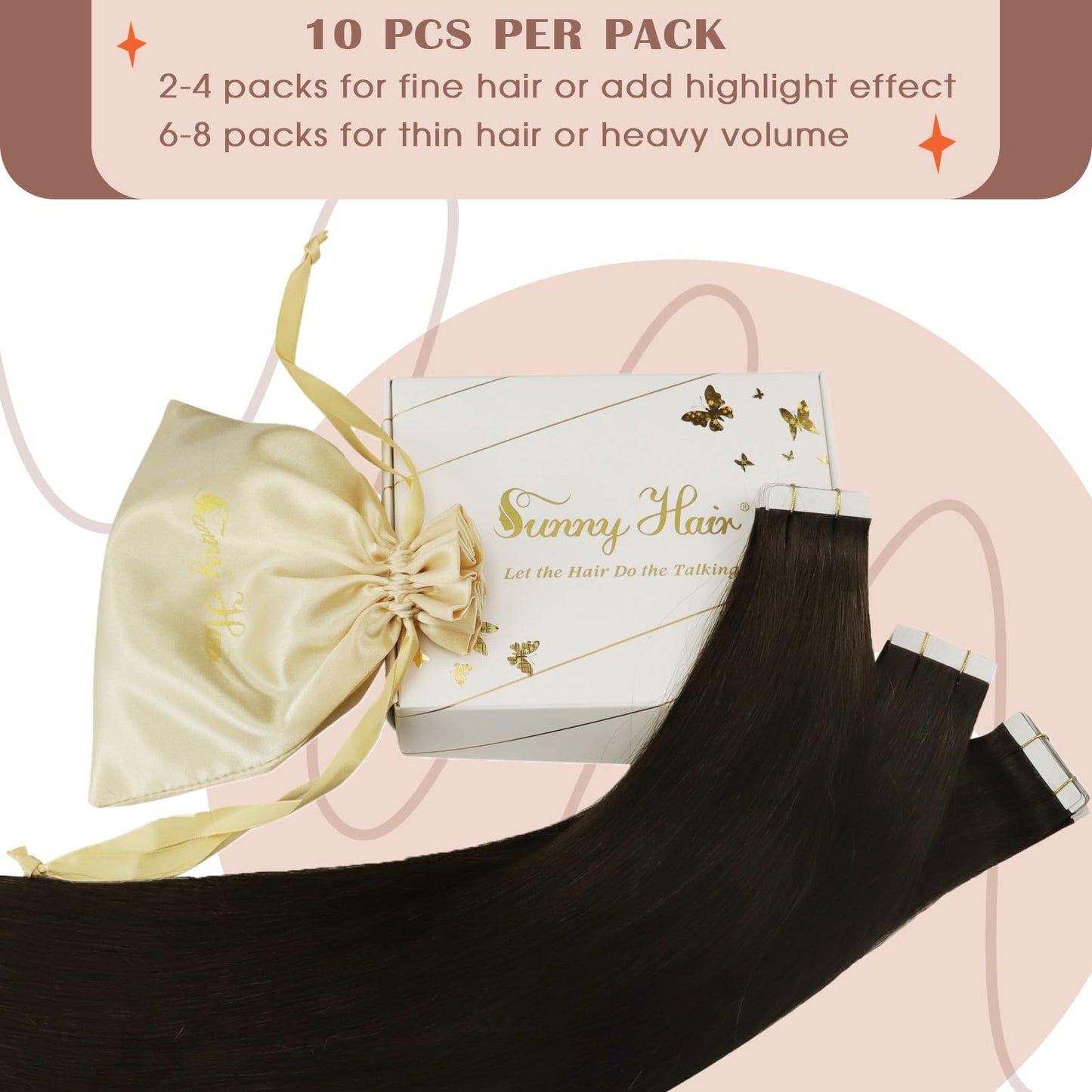Sunny Hair Tape in Hair Extensions Real Human Hair Invisible Remy Hair Extensions Tape ins for Women Darkest Brown 12 inch 20G