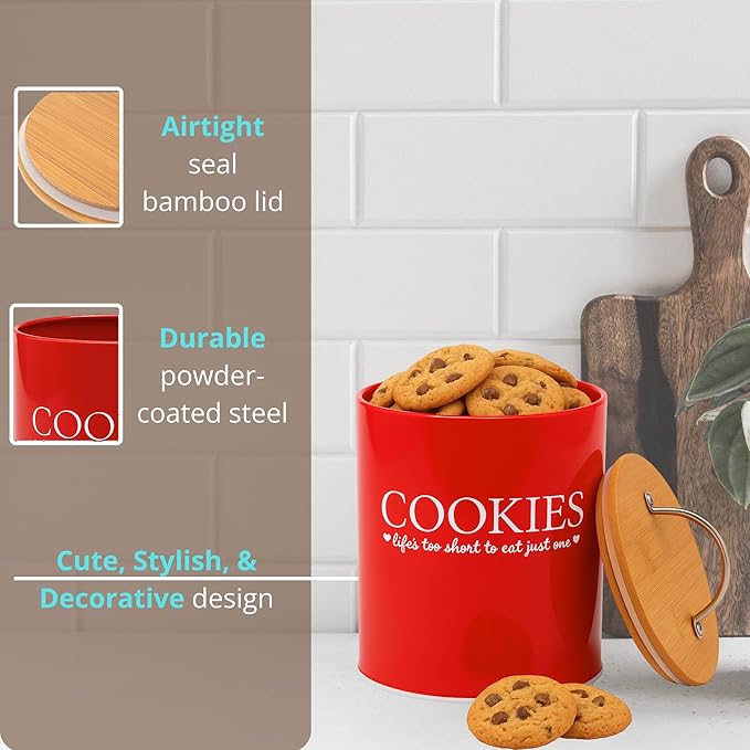 D'Lifeful Cookie Jar with Airtight Bamboo Lid – 0.6 Gallon Cute and Decorative Cookie Storage for Kitchen Countertop – Farmhouse Storage Tin for Freshness – Great Gift Idea - Red